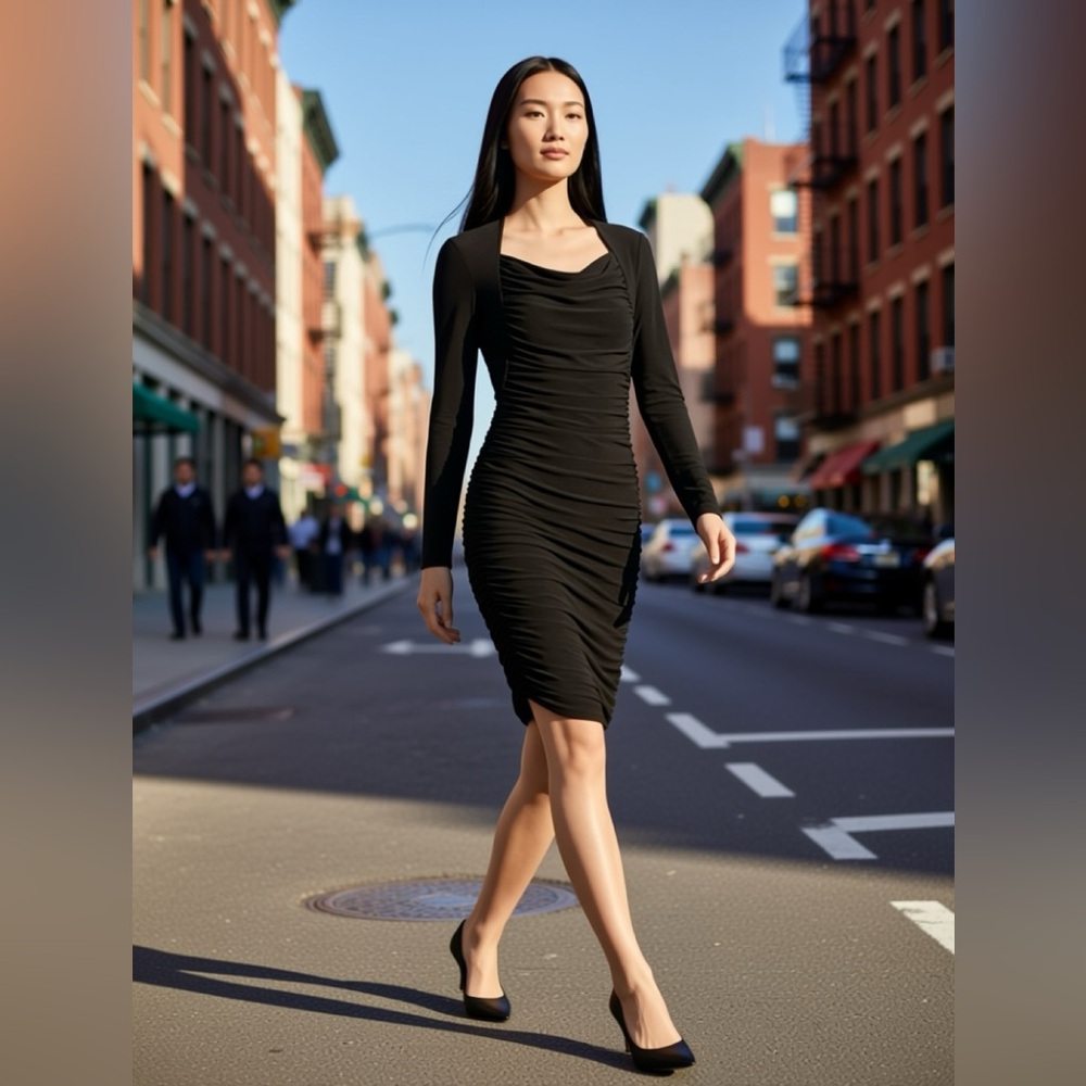 Tahari Black Ruched Long-Sleeve Bodycon Dress